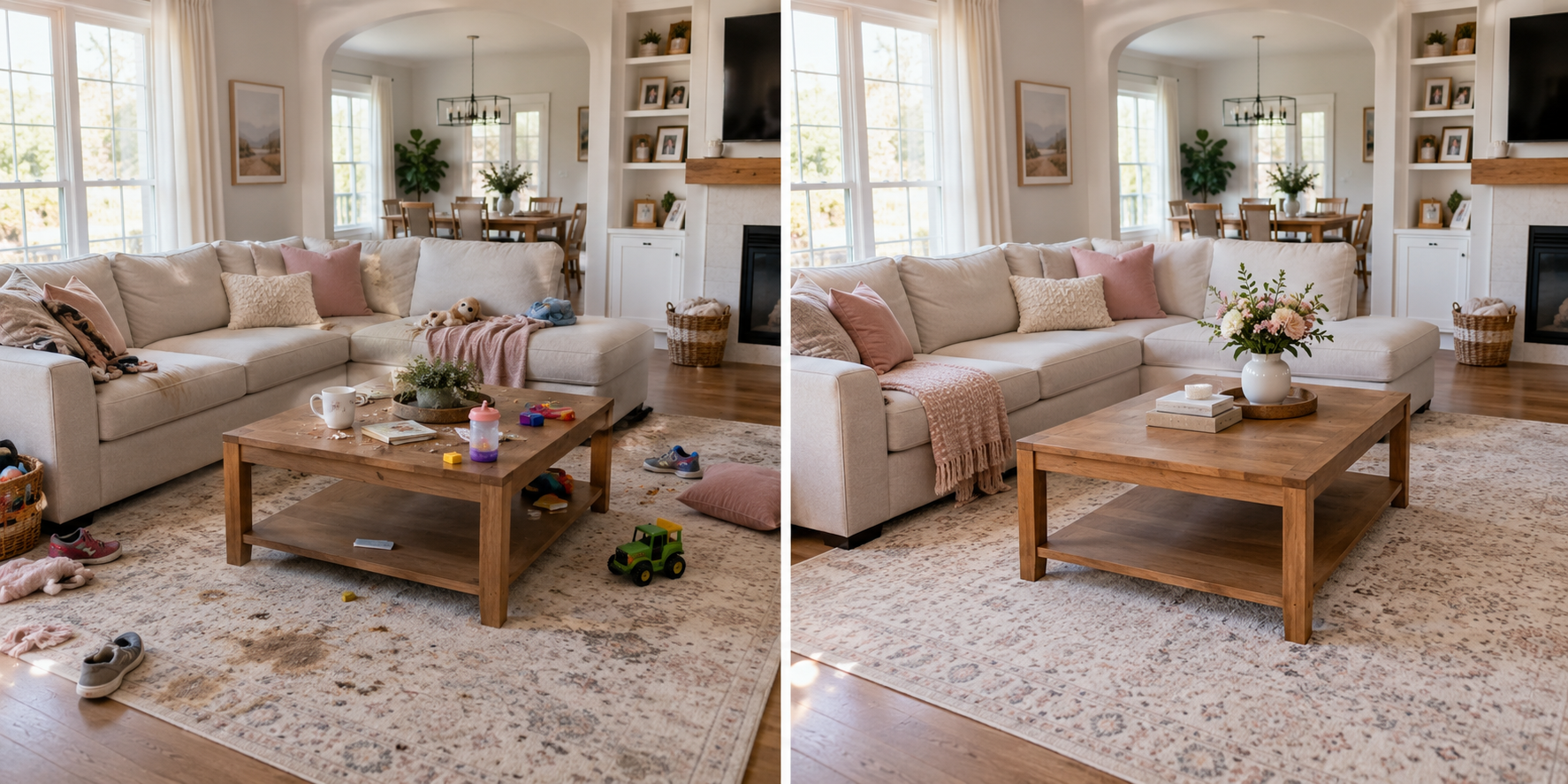 Before and after professional family-room cleaning result