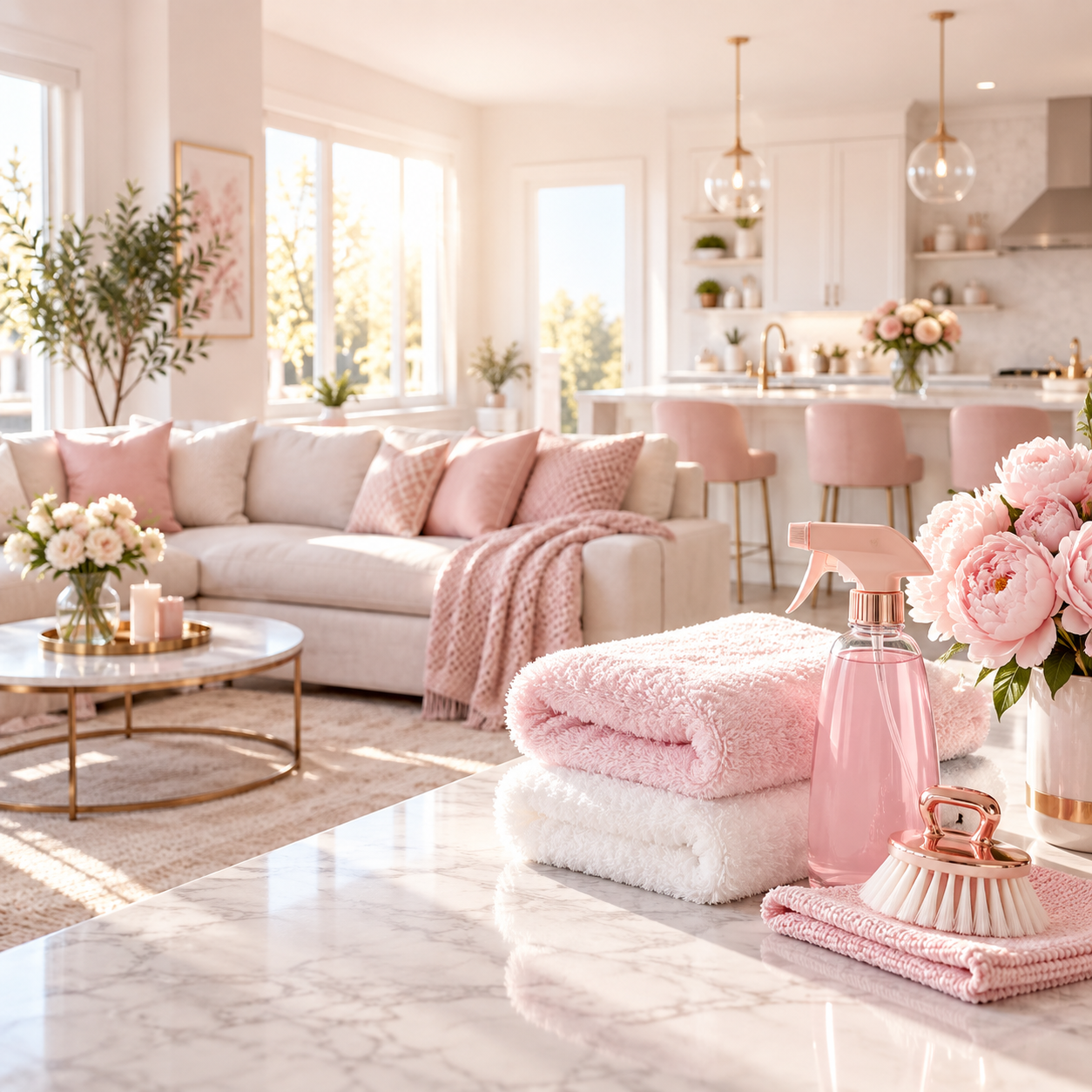 A beautiful clean family home with pink cleaning supplies